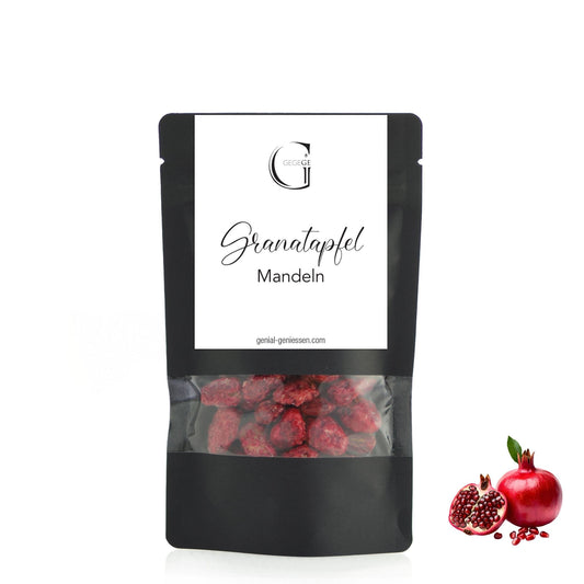 Handgefertigte gebrannte Mandeln mit Granatapfel vereinen knackige Mandeln mit einer fein-fruchtigen Note.