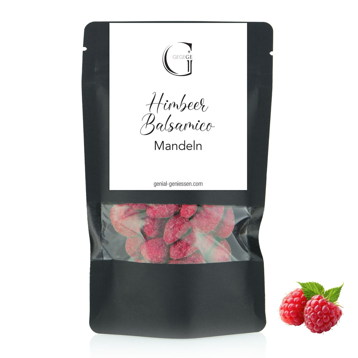 Handgefertigte gebrannte Mandeln mit Himbeer-Balsamico verbinden die süße Fruchtigkeit sonnengereifter Himbeeren mit einer edlen Balsamico-Note.