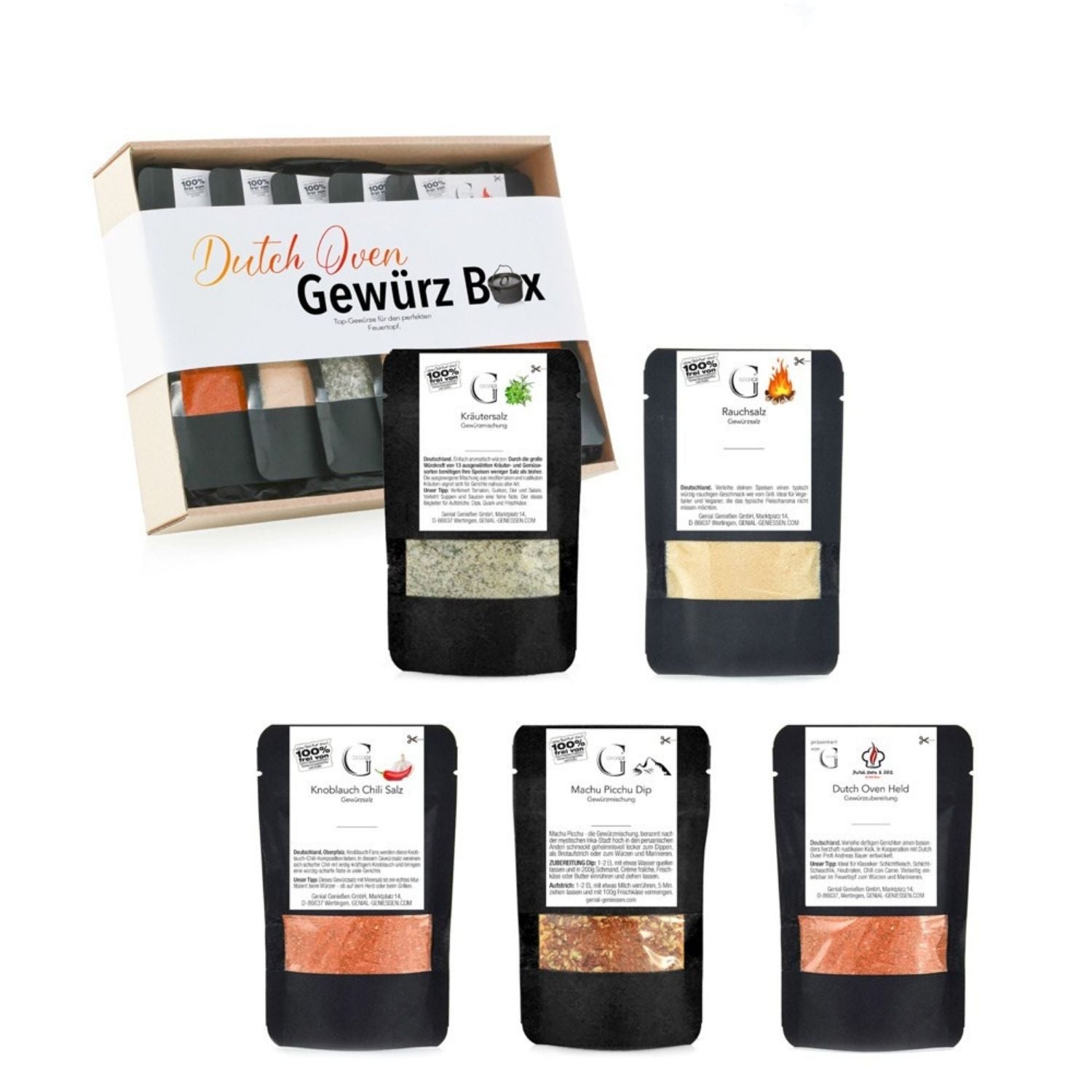 Geschenkset „Dutch Oven Gewürzbox“ von Genial Genießen mit Kräutersalz, Rauchsalz, Knoblauch-Chili-Salz, Dip-Mischungen und weiteren Gewürzen in einer hochwertigen Geschenkbox für Grill- und Outdoor-Küche