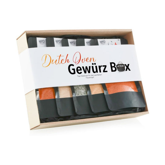 Dutch Oven Gewürzbox Geschenkset von Genial Genießen mit fünf Gewürzen und Dips in einer dekorativen Geschenkverpackung für Grill- und Kochgerichte aus dem Dutch Oven