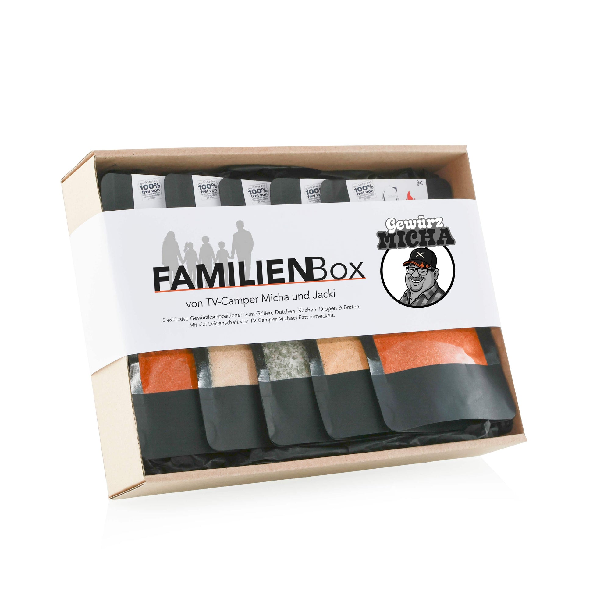 Genial Genießen Familienbox by Gewürz Micha mit ausgewählten Gewürzmischungen für die ganze Familie in hochwertiger Geschenkverpackung für vielseitige Gerichte und gemeinsamen Genuss.