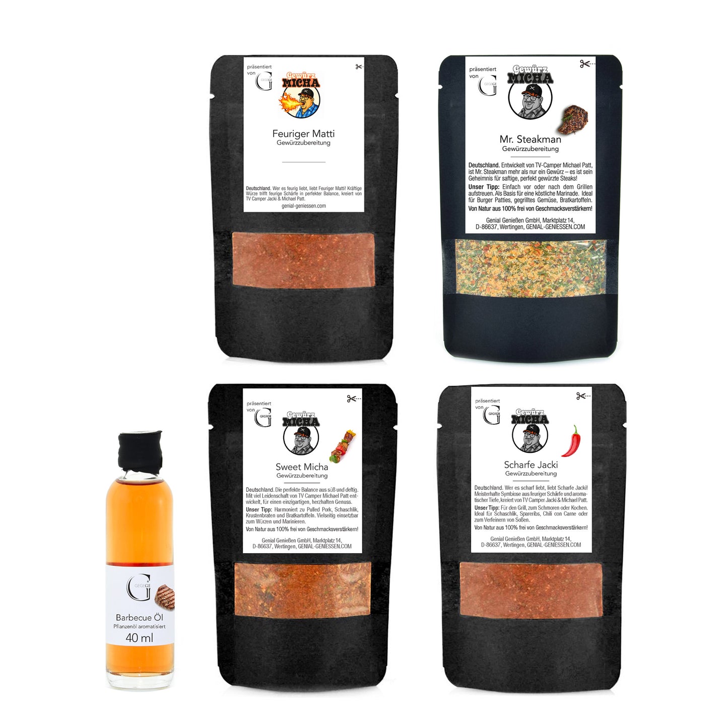 Genial Genießen Grillstarter Box mit Gewürz Micha Sortiment aus vier aromatischen Gewürzen und Barbecue Öl im Geschenkset für würzige Grillgerichte.