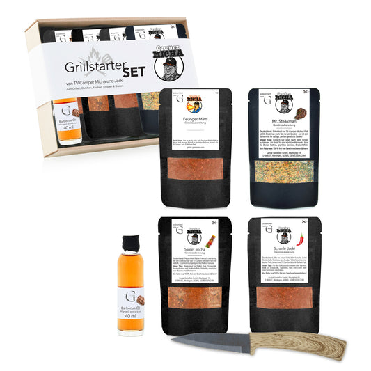 Grillstarter Geschenkset von Genial Genießen und Gewürz Micha mit aromatischen Grillgewürzen und Barbecue Öl zum Marinieren, Würzen und Verfeinern von Fleisch und Gemüse.
