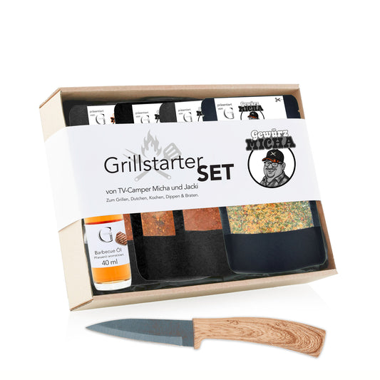 Genial Genießen Grillstarter Set by Gewürz Micha mit vier ausgewählten Gewürzmischungen und Barbecue Öl in hochwertiger Geschenkverpackung für den perfekten Grillstart.
