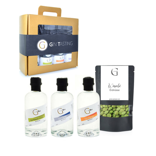 Hochwertiges Gin Probier-Set von Genial Genießen mit verschiedenen Gin-Sorten und pikanten Snacks als ideales Geschenk für Gin-Liebhaber und gesellige Abende.