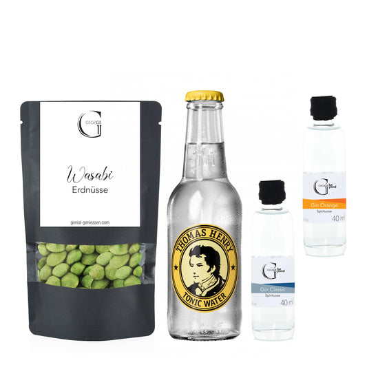 Geschenkbox mit Gin Orange, Gin Classic, Tonic Water und Wasabi Erdnüsse