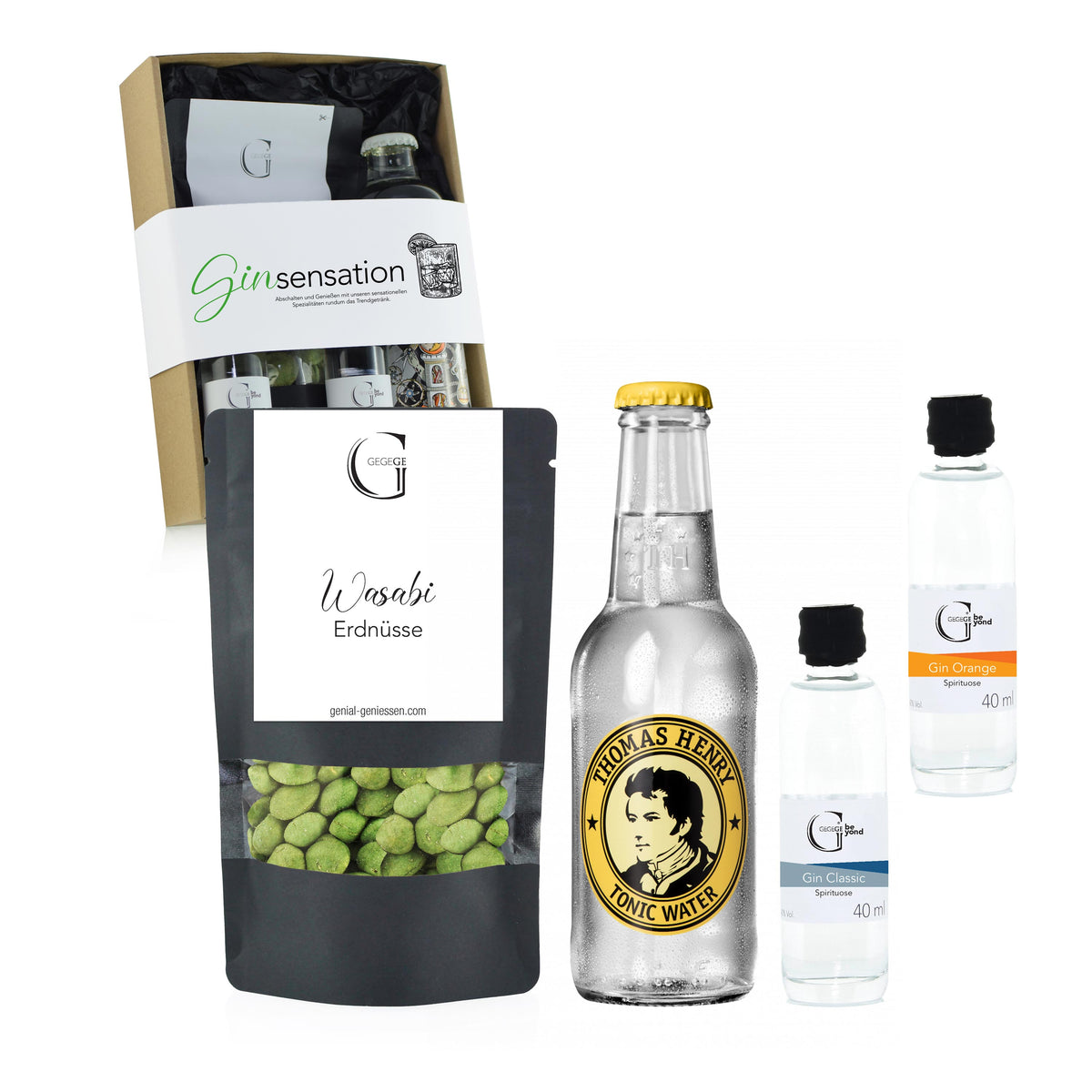 Gin Geschenkset „Ginsensation“ mit zwei Gin Spezialitäten, Tonic Water und Wasabi Erdnüsse