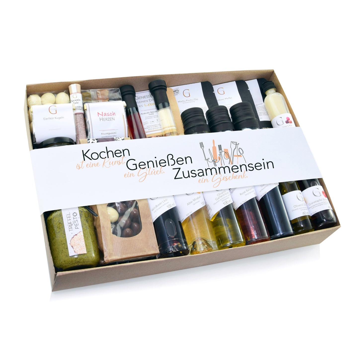 Genial Genießen Geschenkset „Kochen, Genießen & Zusammensein“ mit ausgewählten Feinkostprodukten wie Gewürzen, Ölen und kulinarischen Spezialitäten in dekorativer Geschenkverpackung für gemeinsame Genussmomente.