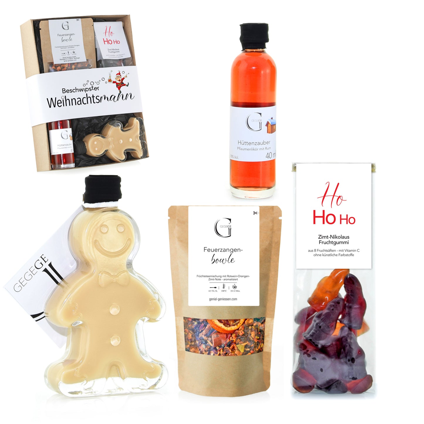 Weihnachtliches Genial Genießen Geschenkset „Beschwipster Weihnachtsmann“ mit Likör, süßen Köstlichkeiten und saisonalen Delikatessen als besondere Geschenkidee für die Adventszeit.