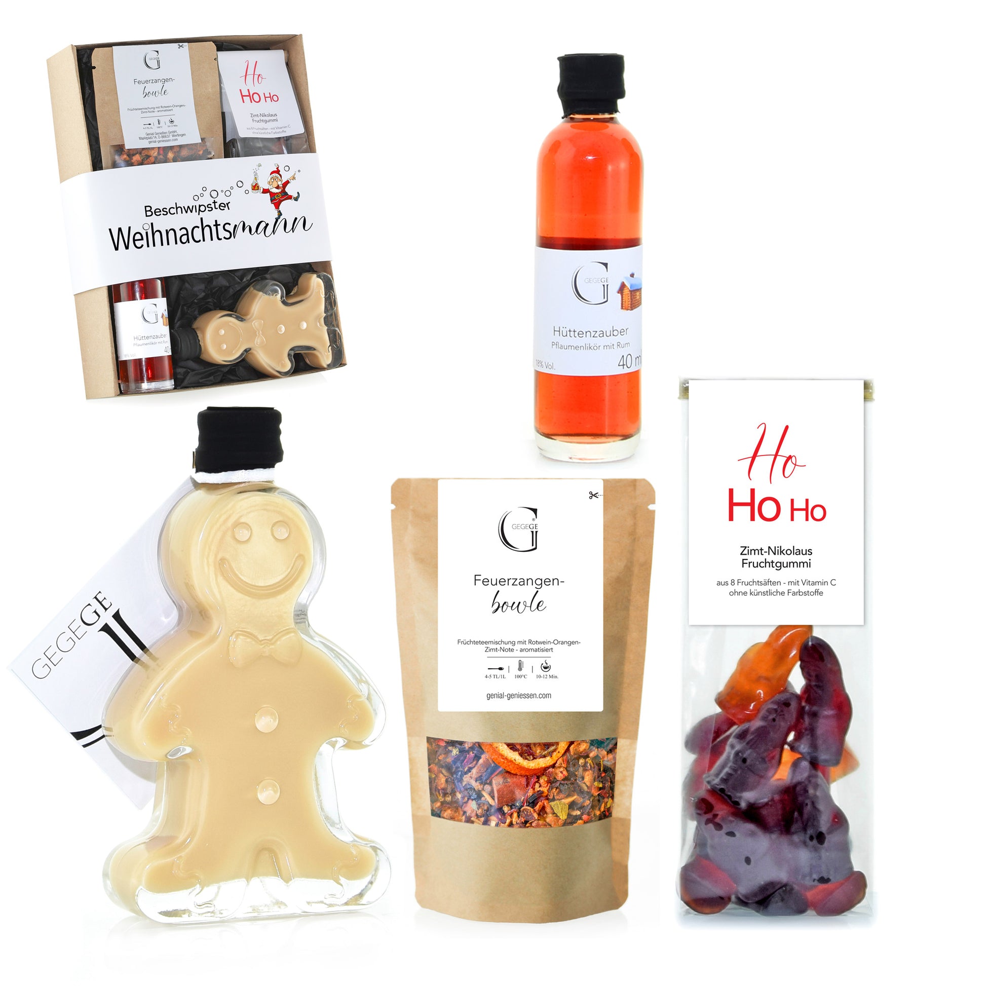 Weihnachtliches Genial Genießen Geschenkset „Beschwipster Weihnachtsmann“ mit Likör, süßen Köstlichkeiten und saisonalen Delikatessen als besondere Geschenkidee für die Adventszeit.