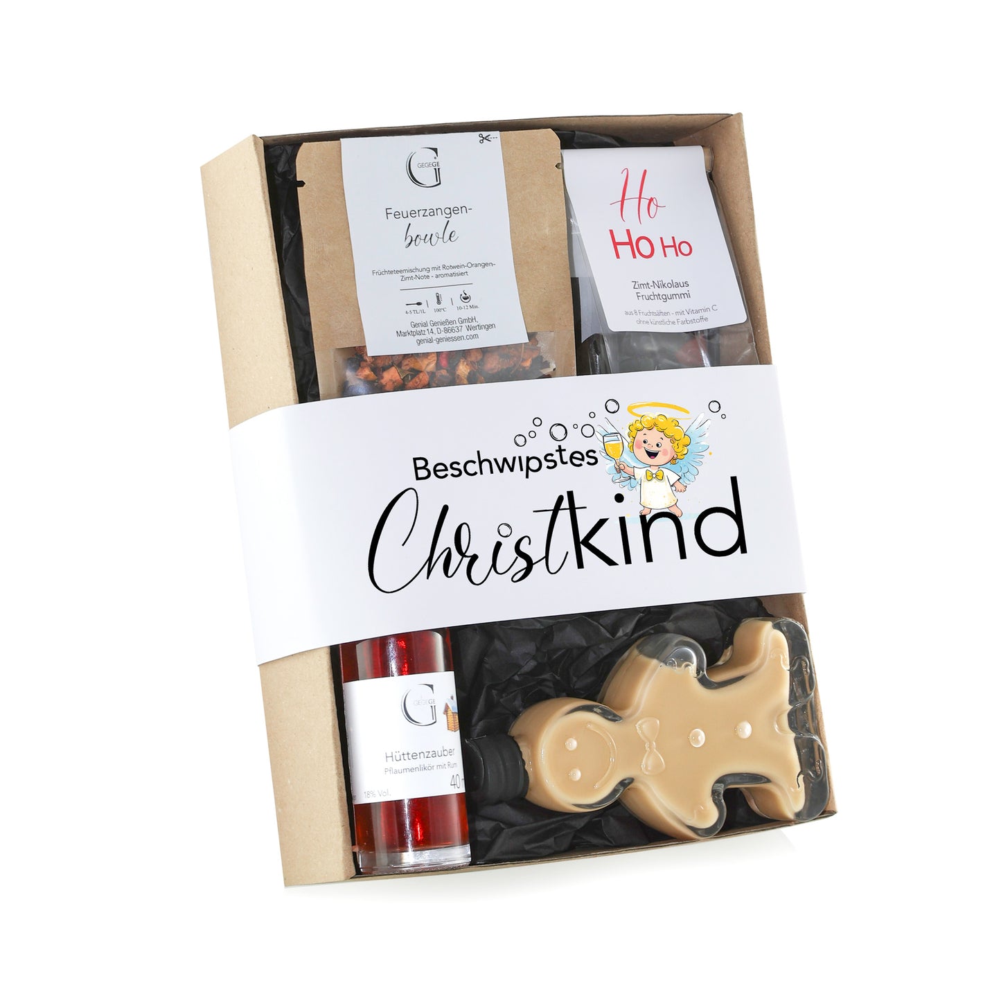 Genial Genießen Beschwipstes Christkind Geschenkset mit Pflaumenlikör, Feuerzangenbowle-Tee, weihnachtlichen Fruchtgummis und gefülltem Lebkuchenmann in einer hochwertigen Geschenkverpackung für die Advents- und Weihnachtszeit.