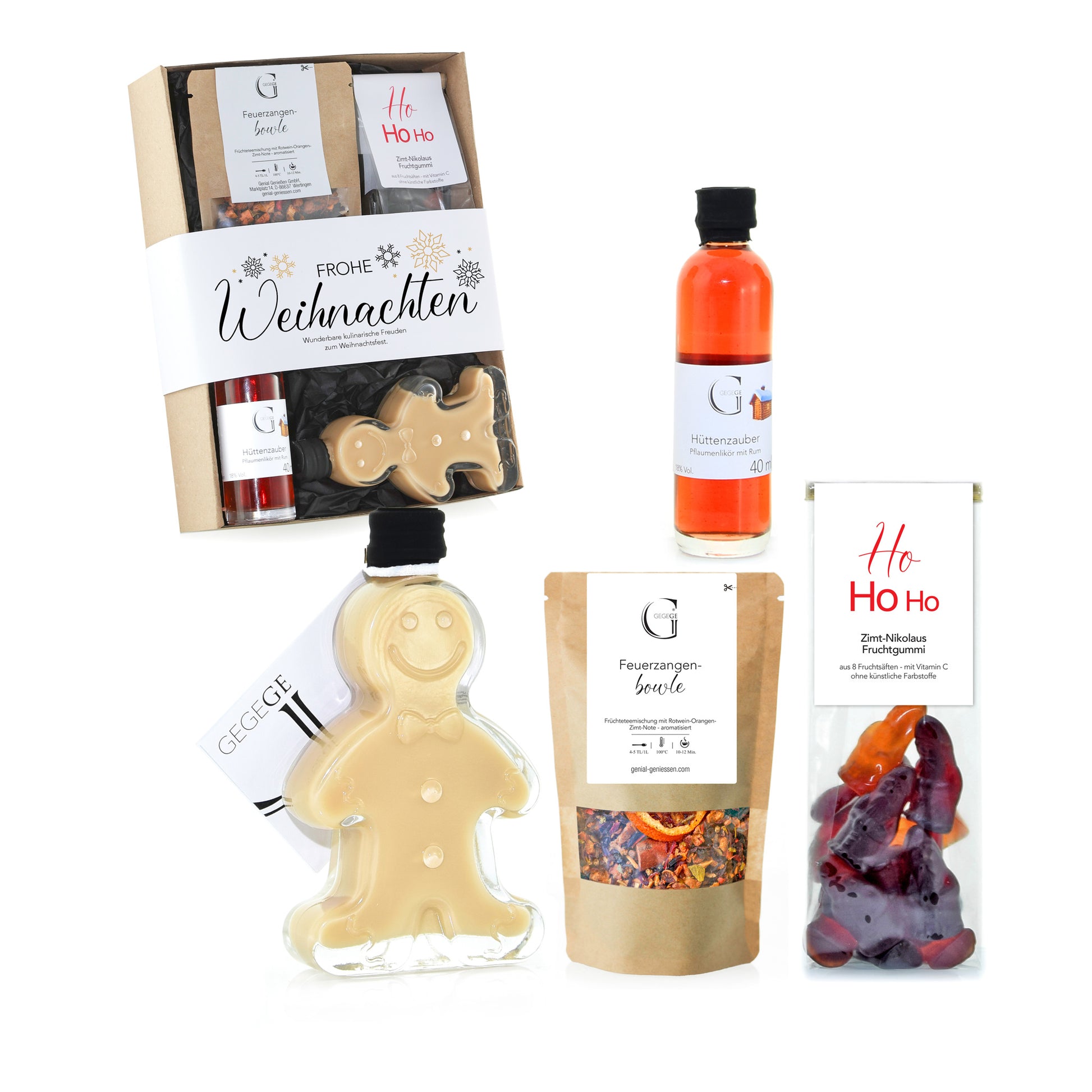 Festlich gestaltetes Genial Genießen Geschenkset für Weihnachten mit besonderen Spezialitäten und geschmackvollen Leckereien für genussvolle Feiertage.