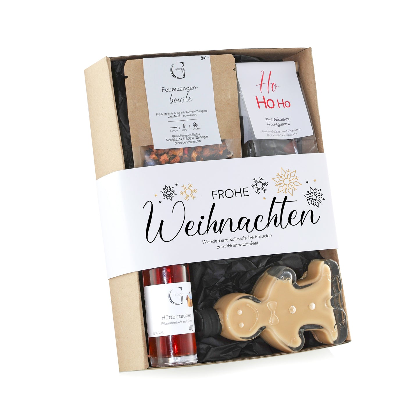 Edles Genial Genießen Weihnachtsgeschenk mit ausgewählten Delikatessen und weihnachtlichen Genussprodukten in hochwertiger Geschenkverpackung.