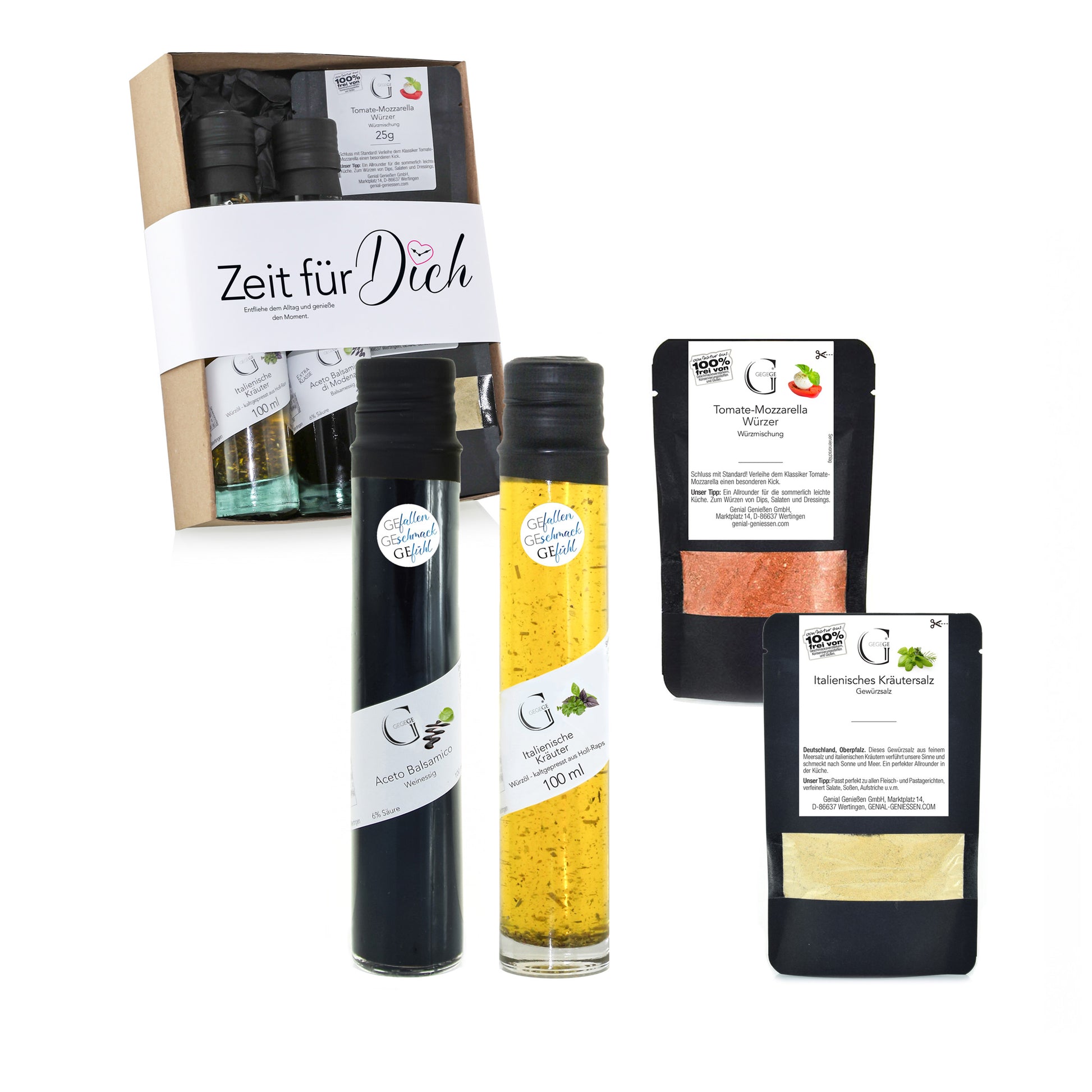 Entspannendes Geschenkset Zeit für dich von Genial Genießen mit ausgewählten Delikatessen, Öl, Essig und Kräutertee für kleine Auszeiten im Alltag