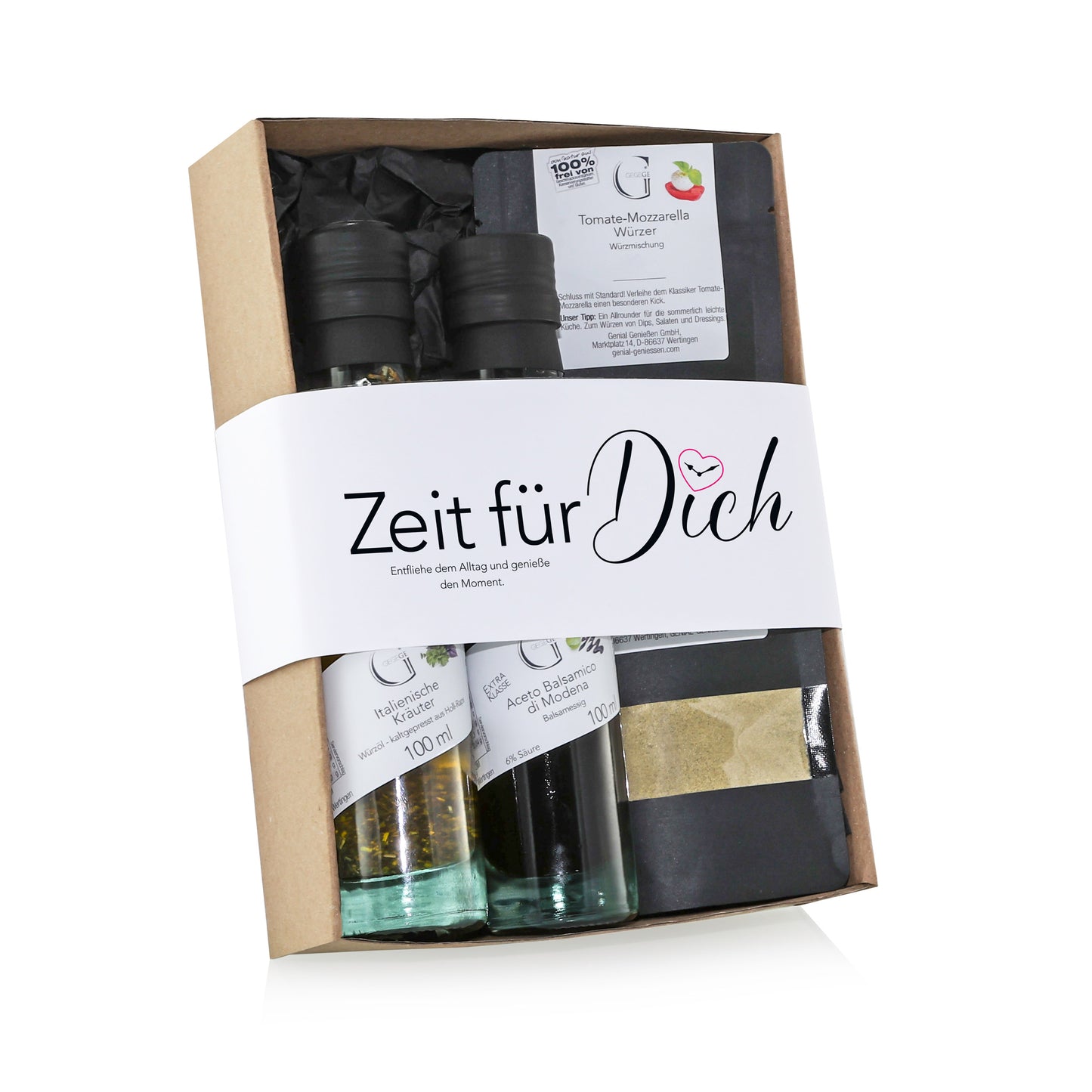 Zeit für dich Geschenkset von Genial Genießen mit mediterranen Feinkostprodukten wie Balsamico, Kräuteröl und Gewürzen für bewusste Genussmomente