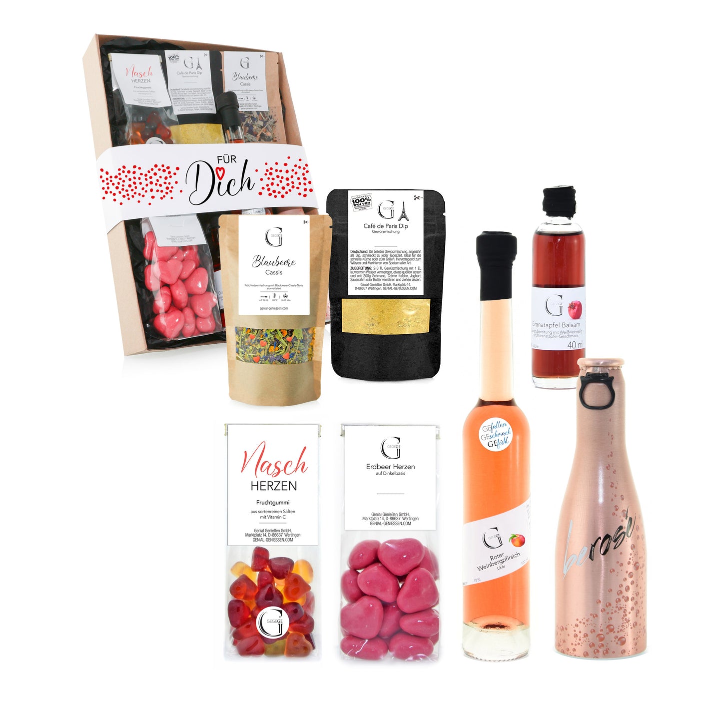 Hochwertige Geschenkbox von Genial Genießen als liebevolle Aufmerksamkeit mit süßen und herzhaften Delikatessen, aromatischen Getränken und feinen Feinkostprodukten für besondere Anlässe.