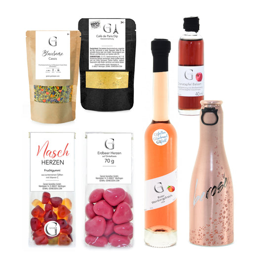Hochwertiges Lieblings Mensch Geschenkset von Genial Genießen mit ausgewählten Genussprodukten wie Balsamico, Kräutertee und Naschereien für besondere Menschen