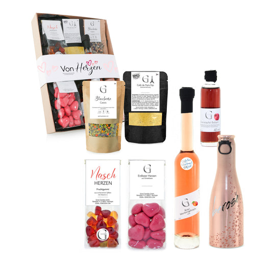 Hochwertiges Von Herzen Geschenkset von Genial Genießen mit Feinkost, Likör, Tee und süßen Herz-Snacks für besondere Genussmomente