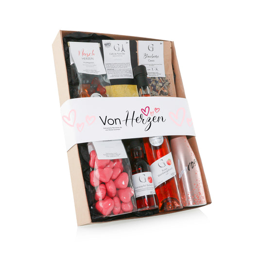 Von Herzen Geschenkset von Genial Genießen mit Café de Paris Dip, Granatapfel Balsam, Nasch Herzen und Kräutertee in edler Geschenkverpackung