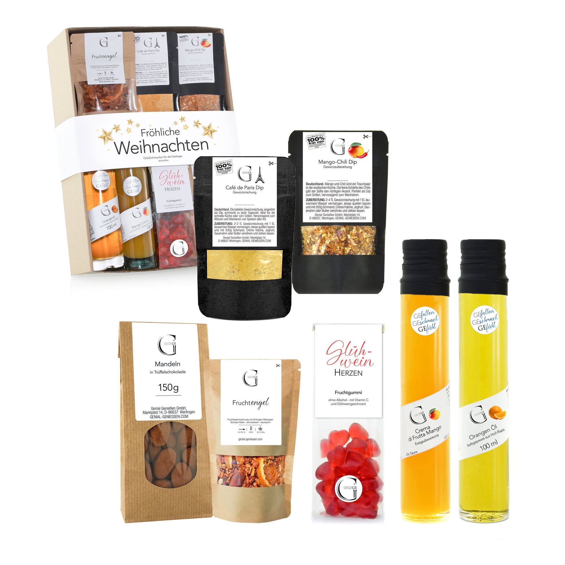 Alkoholfreie Genial Genießen Geschenkbox zu Weihnachten mit süßen und herzhaften Spezialitäten in hochwertiger Verpackung.