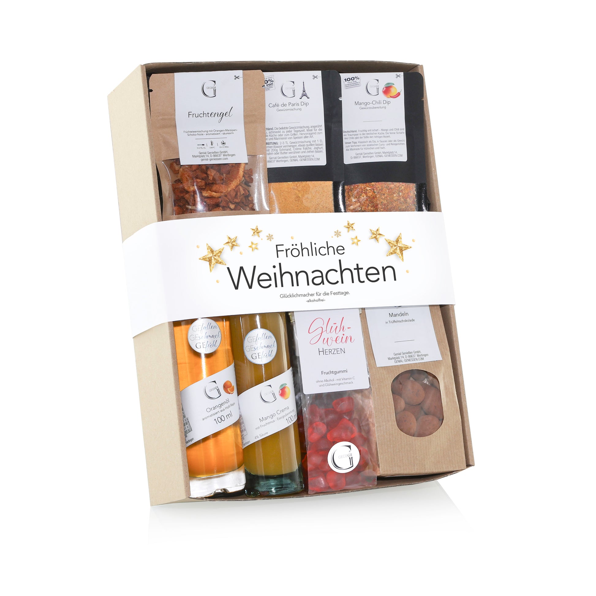 Genial Genießen Weihnachtsgeschenk ohne Alkohol mit ausgewählten Delikatessen und weihnachtlichem Design für Familie, Freunde oder Kollegen.