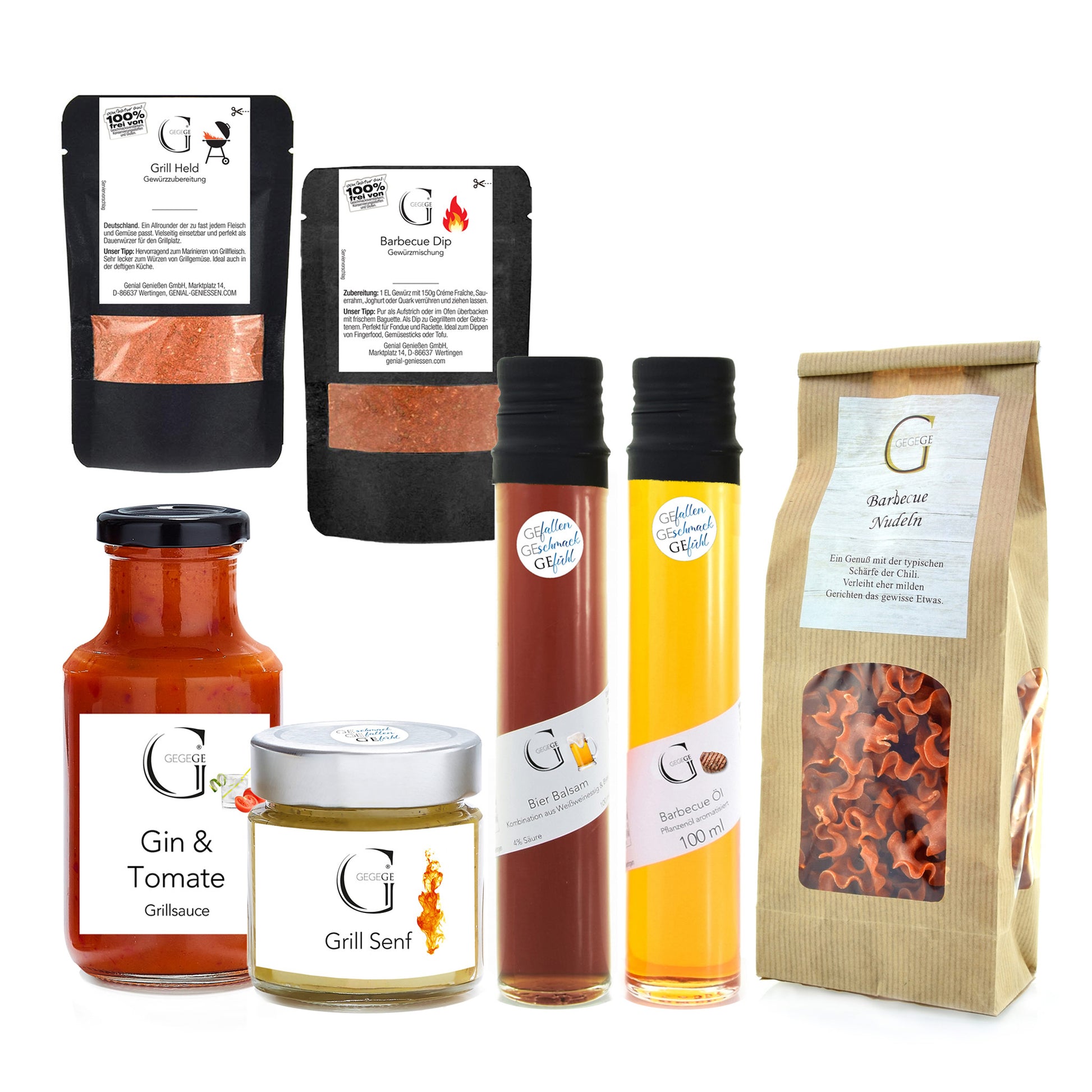 Hochwertiges Genial Genießen Großer Winter Grillgenuss Geschenkset mit vielfältigen Gewürzen, Grillzutaten und dekorativer Verpackung als Geschenk für Grillfans in der kalten Jahreszeit.