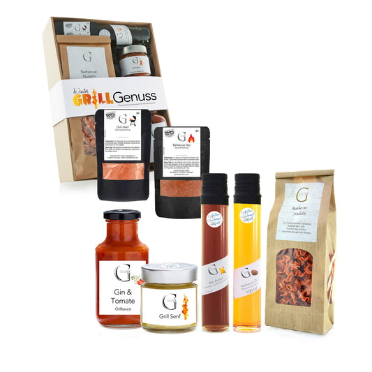 Winterliches Genial Genießen Geschenkset „Großer Winter Grillgenuss“ mit ausgewählten Grillprodukten wie Marinaden, Dip-Gewürzen und Saucen für ein intensives BBQ-Erlebnis.