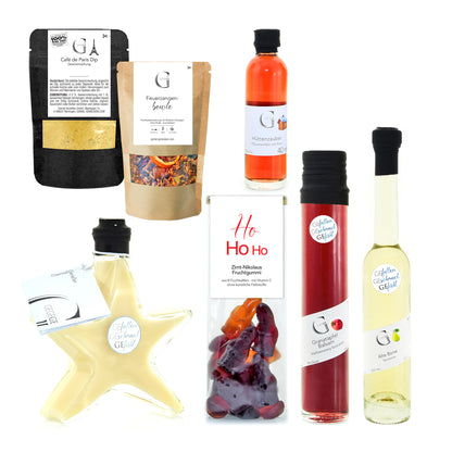 GeGeGe Süffige Weihnachtsfeier Geschenkset von Genial Genießen als liebevoll zusammengestellte Geschenkidee mit ausgewählten Spezialitäten für genussvolle Weihnachtsmomente.