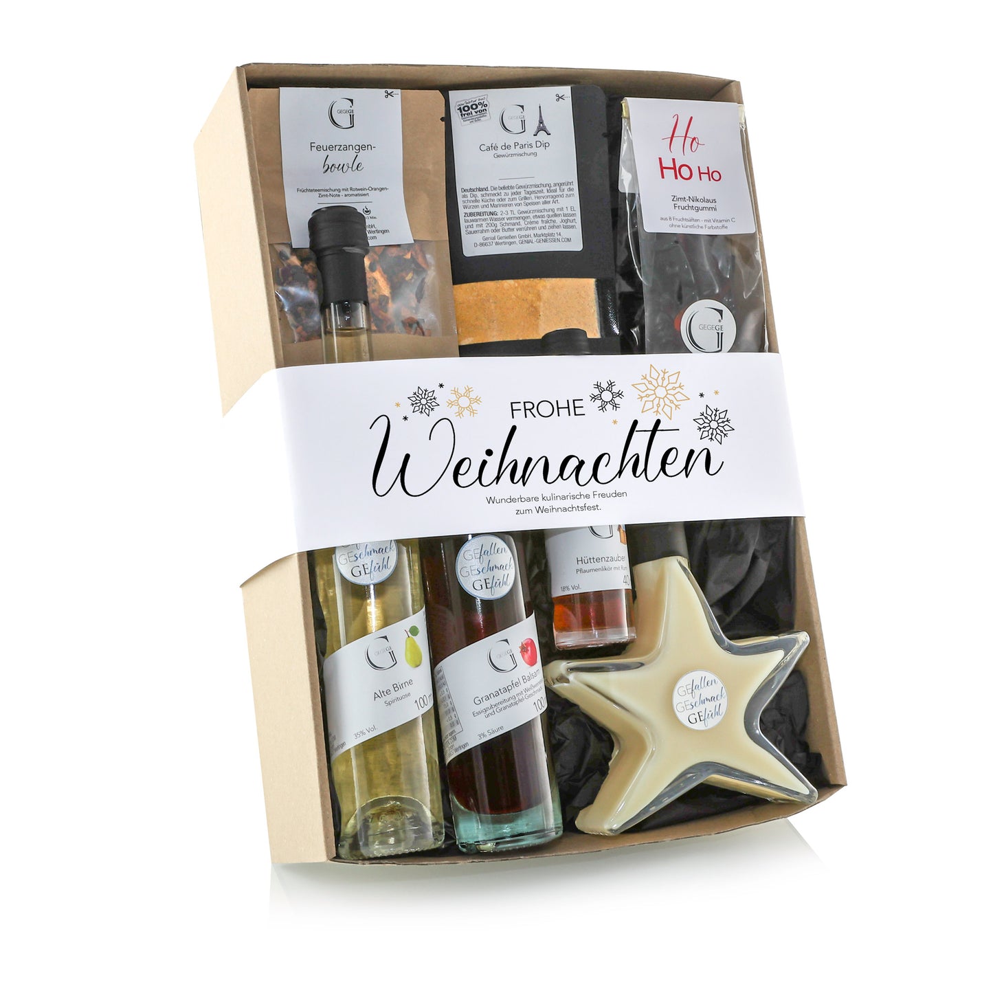 Hochwertiges Genial Genießen Frohe Weihnachten Geschenkset mit winterlichen Spezialitäten und festlichem Design für besondere Genussmomente an Weihnachten.
