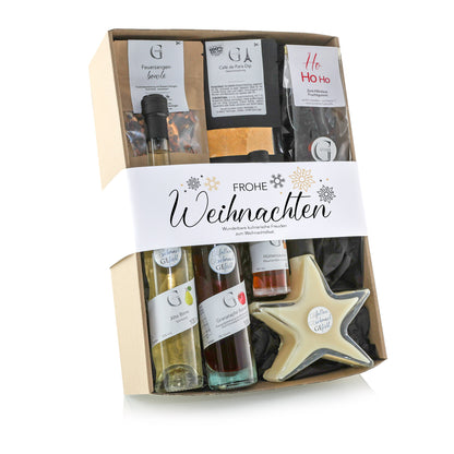 Hochwertiges Genial Genießen Frohe Weihnachten Geschenkset mit winterlichen Spezialitäten und festlichem Design für besondere Genussmomente an Weihnachten.