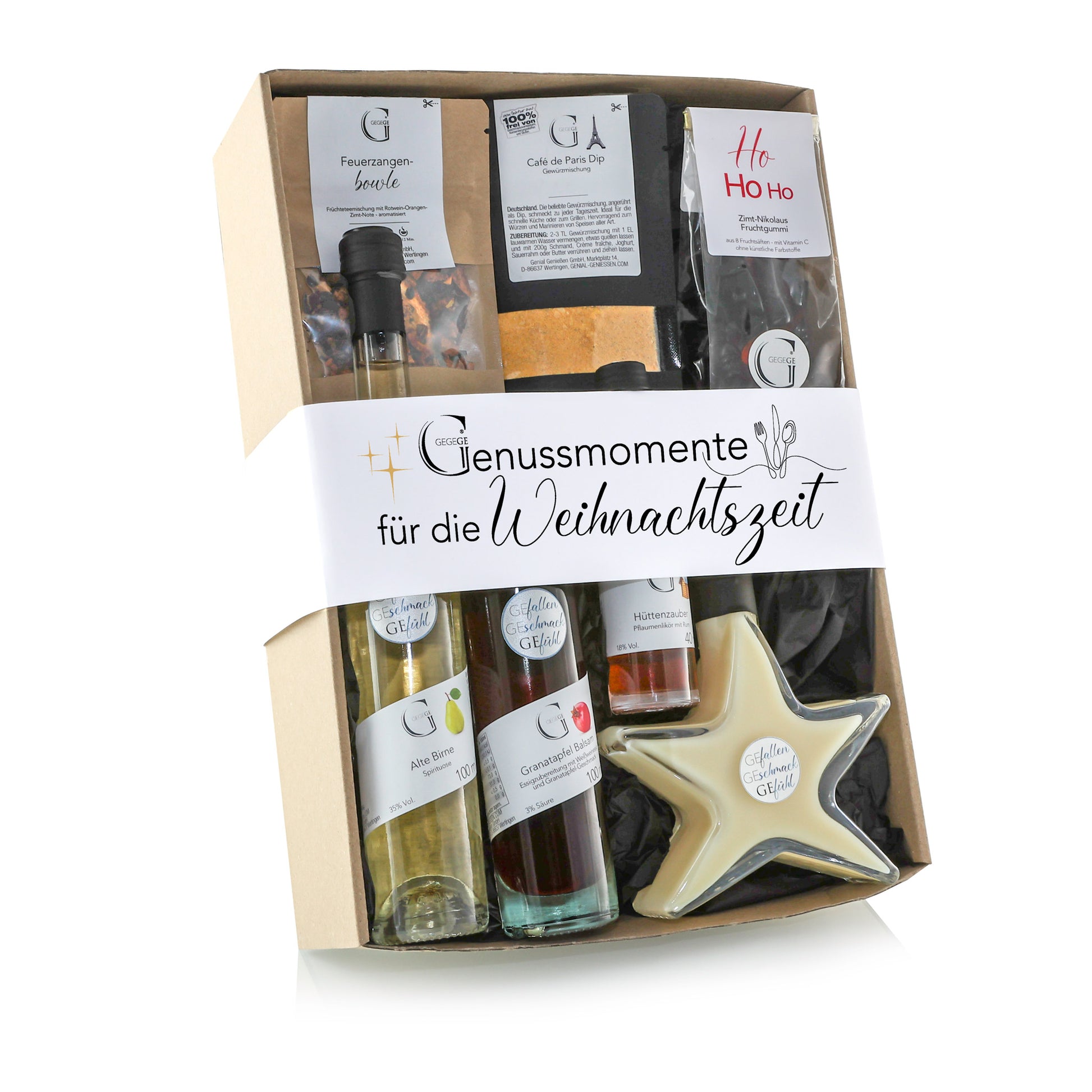 Genial Genießen Genussmomente Weihnachtszeit Geschenkset mit ausgewählten weihnachtlichen Spezialitäten und festlicher Geschenkverpackung für besondere Genussmomente in der Adventszeit.