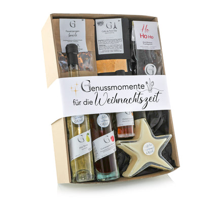 Genial Genießen Genussmomente Weihnachtszeit Geschenkset mit ausgewählten weihnachtlichen Spezialitäten und festlicher Geschenkverpackung für besondere Genussmomente in der Adventszeit.