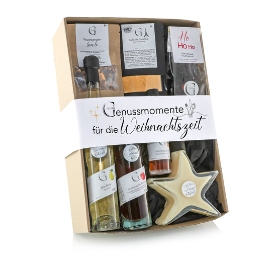 Genial Genießen Genussmomente Weihnachtszeit Geschenkset mit ausgewählten weihnachtlichen Spezialitäten und festlicher Geschenkverpackung für besondere Genussmomente in der Adventszeit.