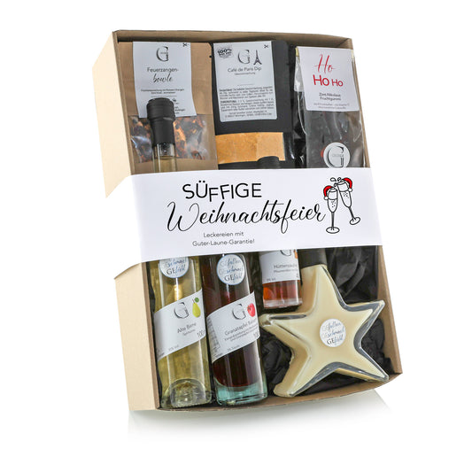 GeGeGe Süffige Weihnachtsfeier Geschenkset von Genial Genießen mit ausgewählten Getränkespezialitäten und feinen Genussprodukten als festliches Geschenk für die Weihnachtszeit.
