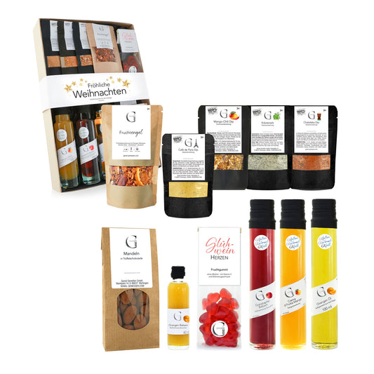 Genial Genießen Fröhliche Weihnachten Geschenkset ohne Alkohol mit feinen Leckereien und winterlichen Köstlichkeiten als besondere Weihnachtsüberraschung.