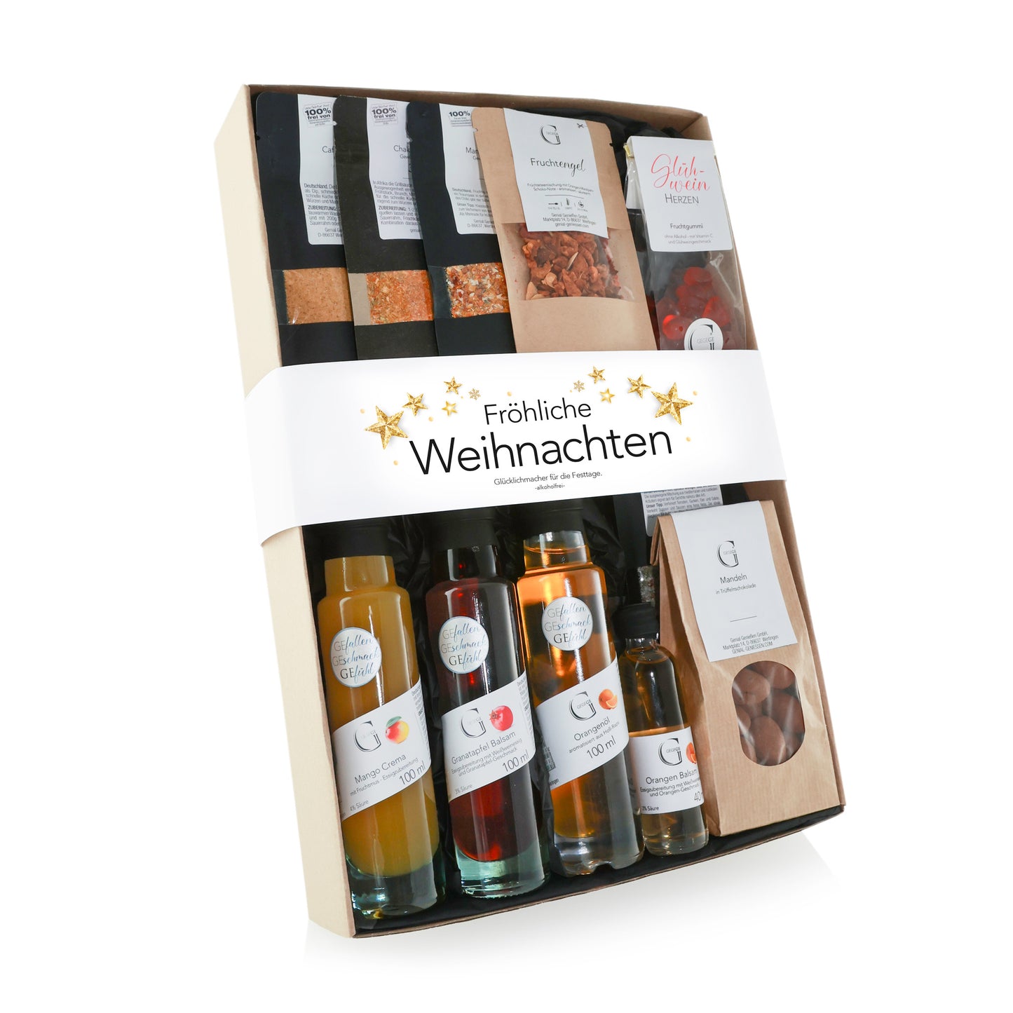 Alkoholfreies Genial Genießen Fröhliche Weihnachten Geschenkset mit ausgewählten weihnachtlichen Spezialitäten und festlicher Geschenkverpackung für genussvolle Feiertage.