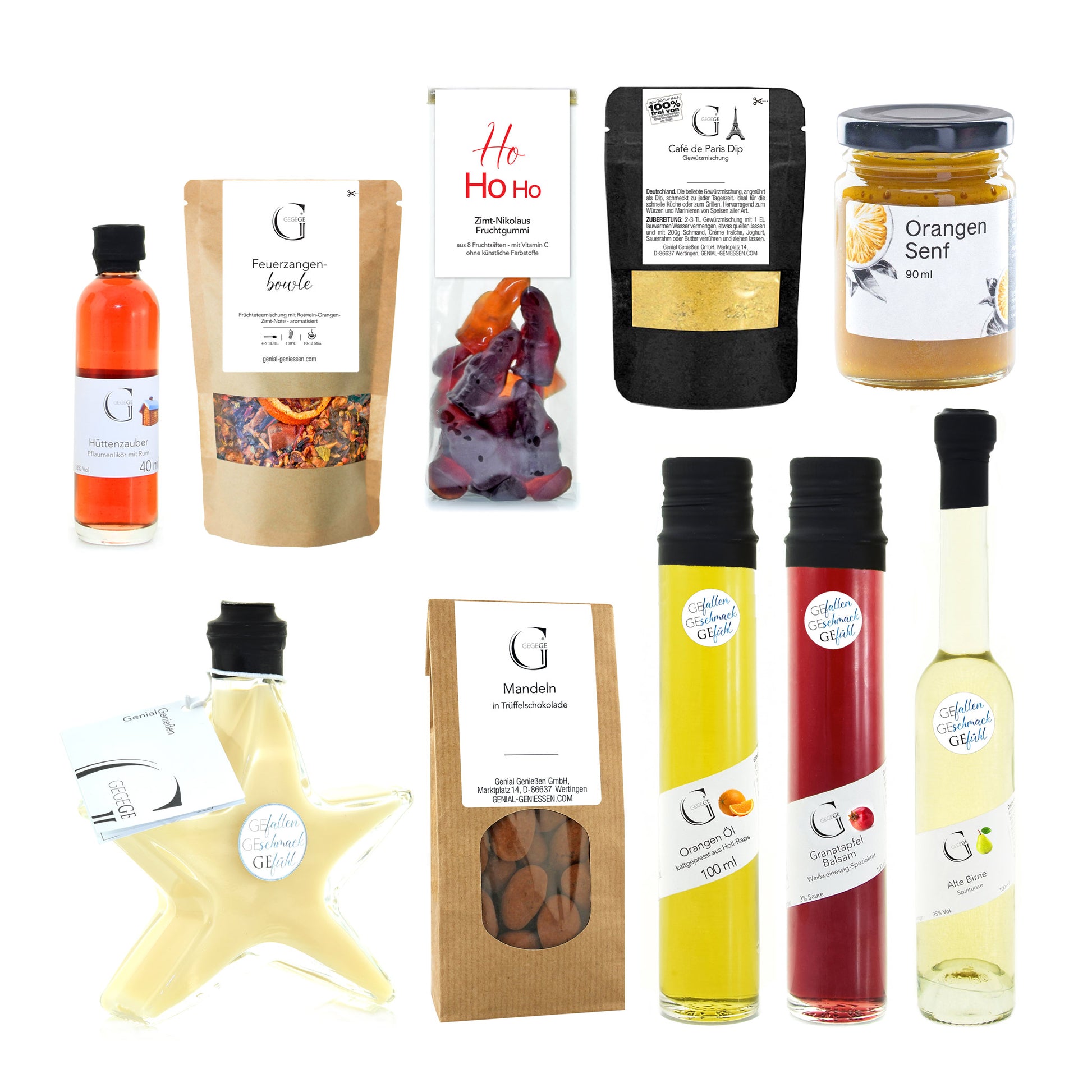 Weihnachtliches Genial Genießen Präsentset mit feinen Leckereien, dekorativer Banderole und ausgewählten Genussmomenten als Geschenk für Familie, Freunde oder Kollegen.