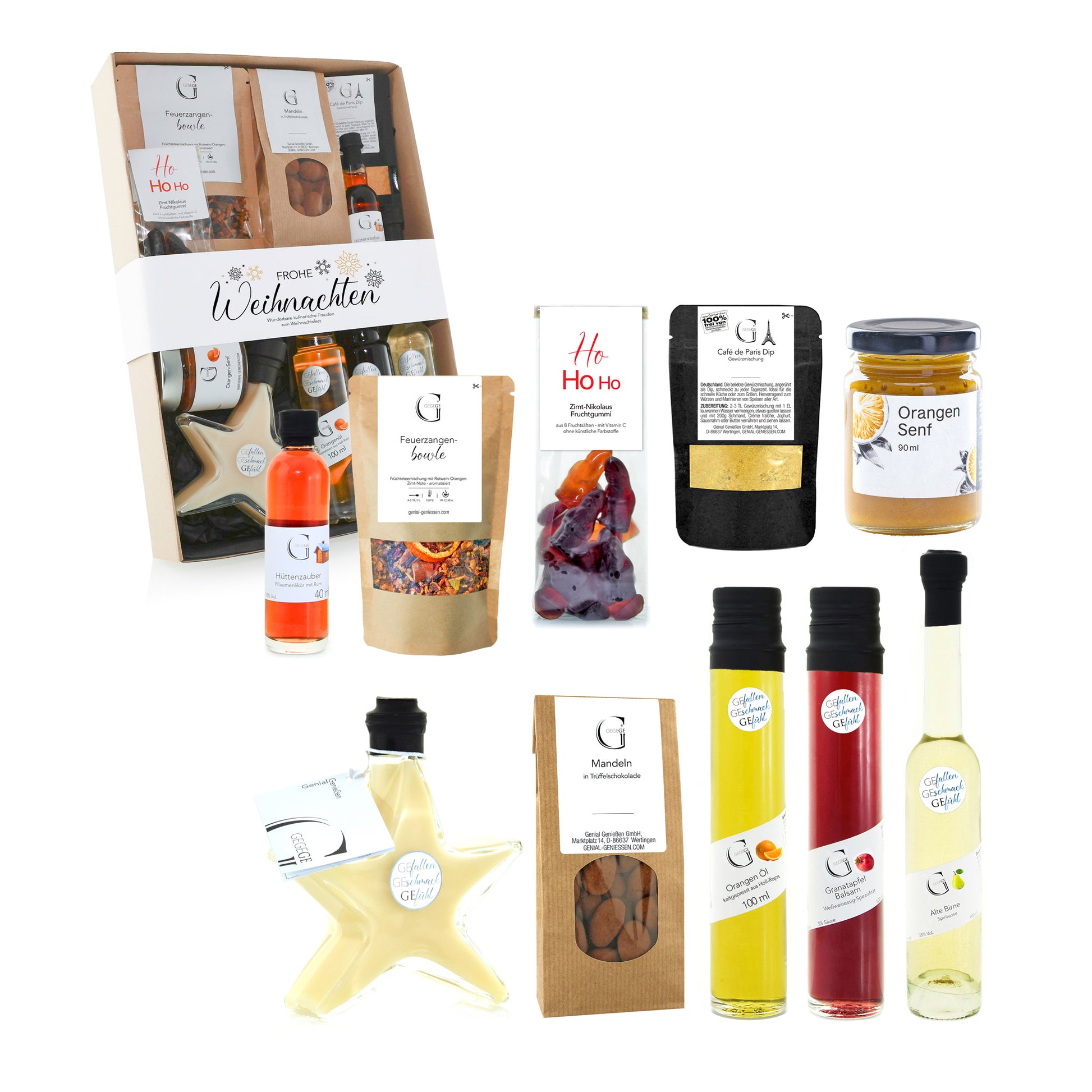 Festliches Genial Genießen Geschenkset „Frohe Weihnachten“ mit hochwertigen Genussprodukten und liebevoll arrangierten Delikatessen für die Advents- und Weihnachtszeit.