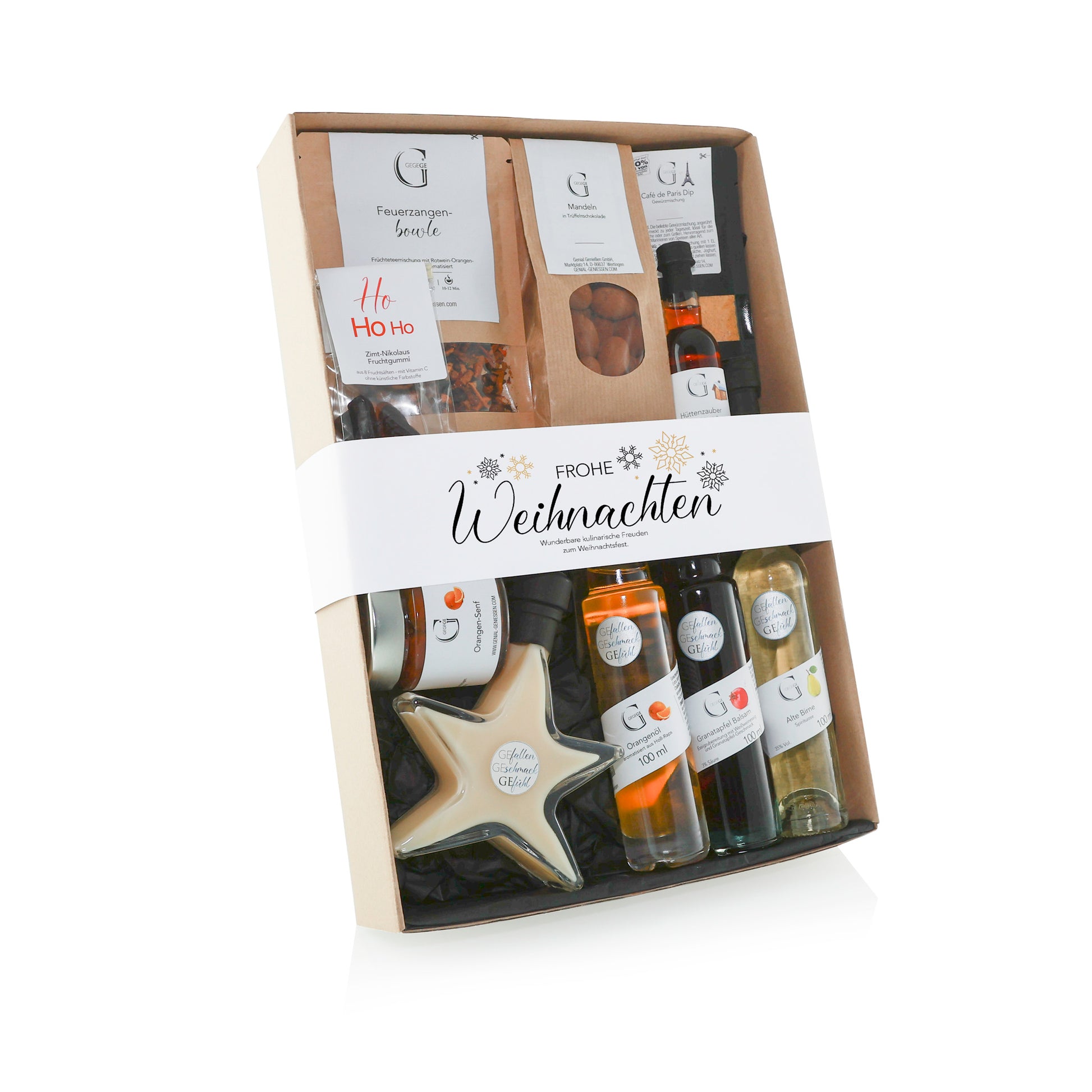 Genial Genießen Frohe Weihnachten Geschenkset mit ausgewählten weihnachtlichen Spezialitäten, süßen Köstlichkeiten und festlicher Verpackung als besonderes Weihnachtsgeschenk für Genießer.