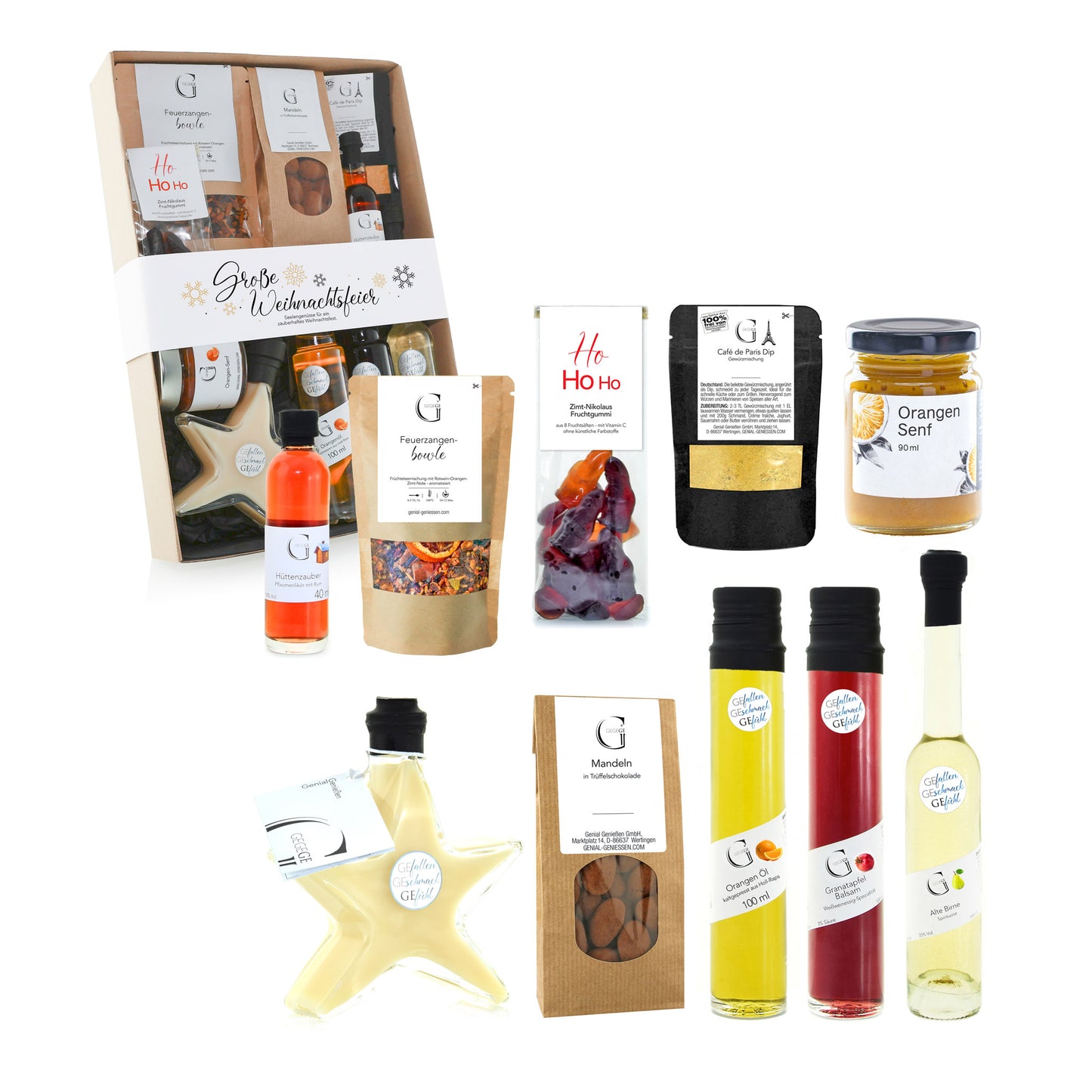 Festliches Genial Genießen Geschenkset „Große Weihnachtsfeier“ mit liebevoll zusammengestellten Delikatessen und weihnachtlichen Leckereien als exklusives Weihnachtsgeschenk.