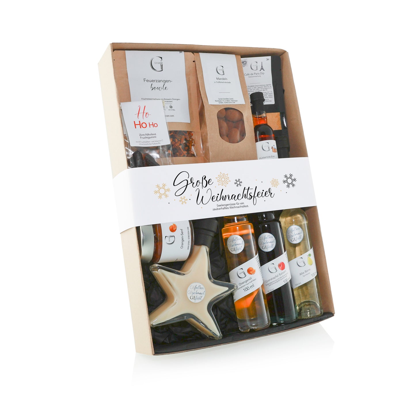 Genial Genießen Große Weihnachtsfeier Geschenkset mit ausgewählten weihnachtlichen Spezialitäten, festlicher Geschenkverpackung und hochwertigen Genussprodukten für besondere Weihnachtsmomente.