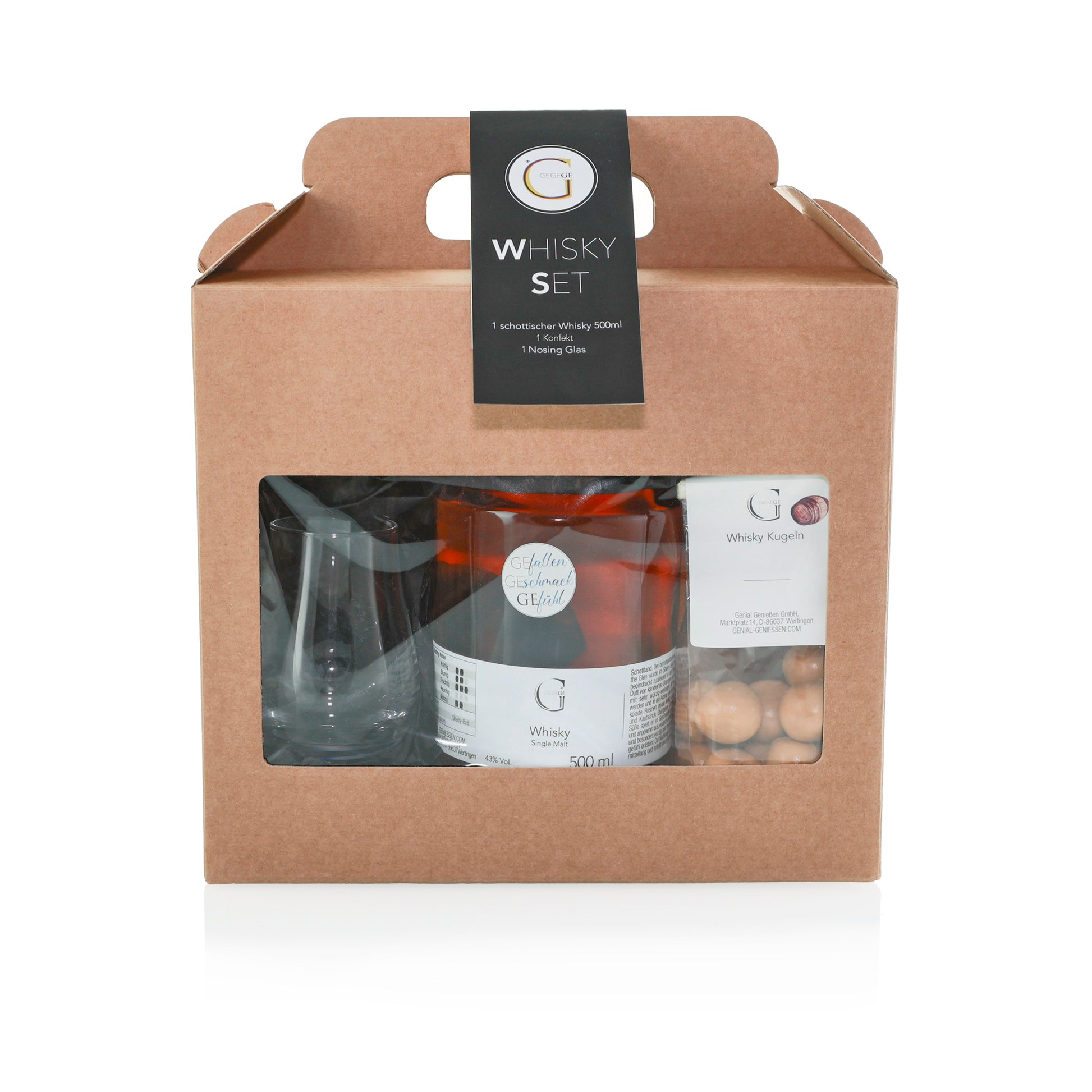 Genial Genießen Whisky Set mit hochwertigem Single Malt Whisky, Nosing-Glas und Whisky-Kugeln in eleganter Geschenkbox für echte Whisky-Liebhaber und besondere Genussmomente.
