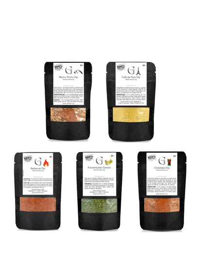 Genial Genießen Grill Dip Box mit verschiedenen Gewürzmischungen für Dips, Marinaden und Grillgerichte im Geschenkkarton