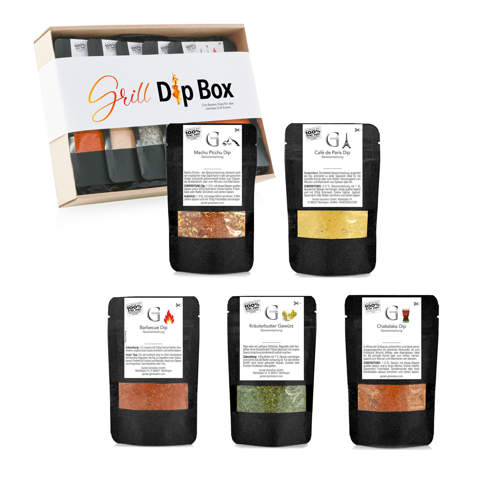 Geschenkset von Genial Genießen für Grillfans mit aromatischen Dip-Gewürzen und vielseitigen Grillbegleitern