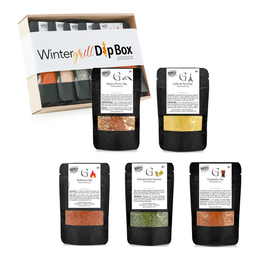 Geschenkbox von Genial Genießen mit aromatischen Wintergrill-Gewürzen für Fleisch, Gemüse und Grillgerichte – stilvoll verpackt als Geschenk für Grillliebhaber.