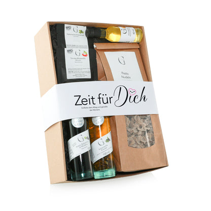 Zeit für dich Geschenkset von Genial Genießen mit Aceto Balsamico, italienischem Kräuteröl, Kräutersalz und Tomate Mozzarella Würzer in Geschenkverpackung