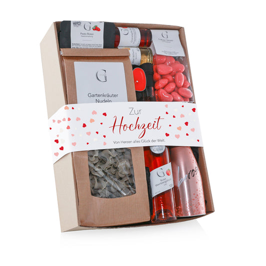 Zur Hochzeit Geschenkset von Genial Genießen mit edlem Williams Christ Brand, BeSecco Rosé, Weinbergpfirsich Likör und Granatapfel Balsam in Geschenkbox