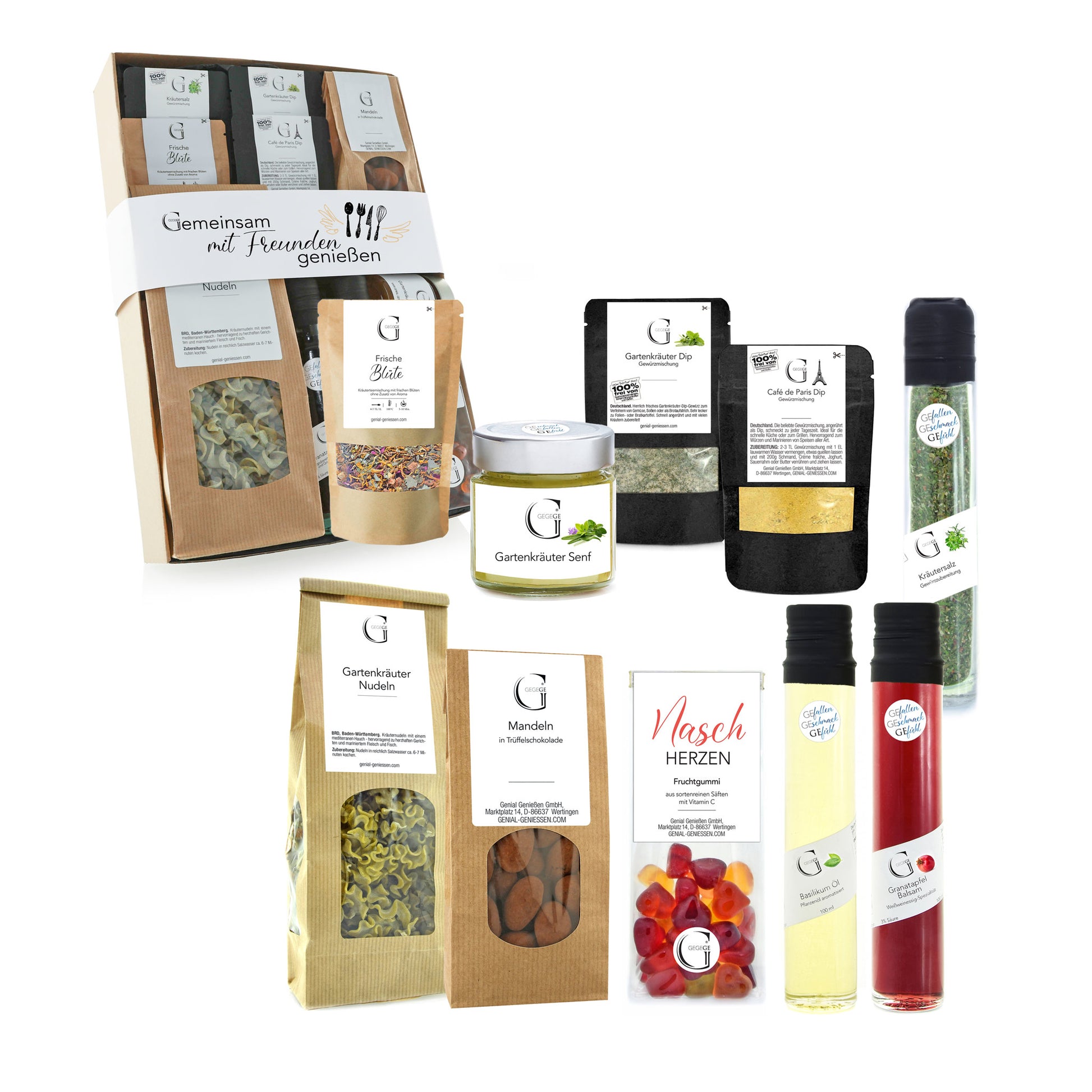 Geschenk Set mit Gewürz, Senf, Süßigkeiten, Mandeln