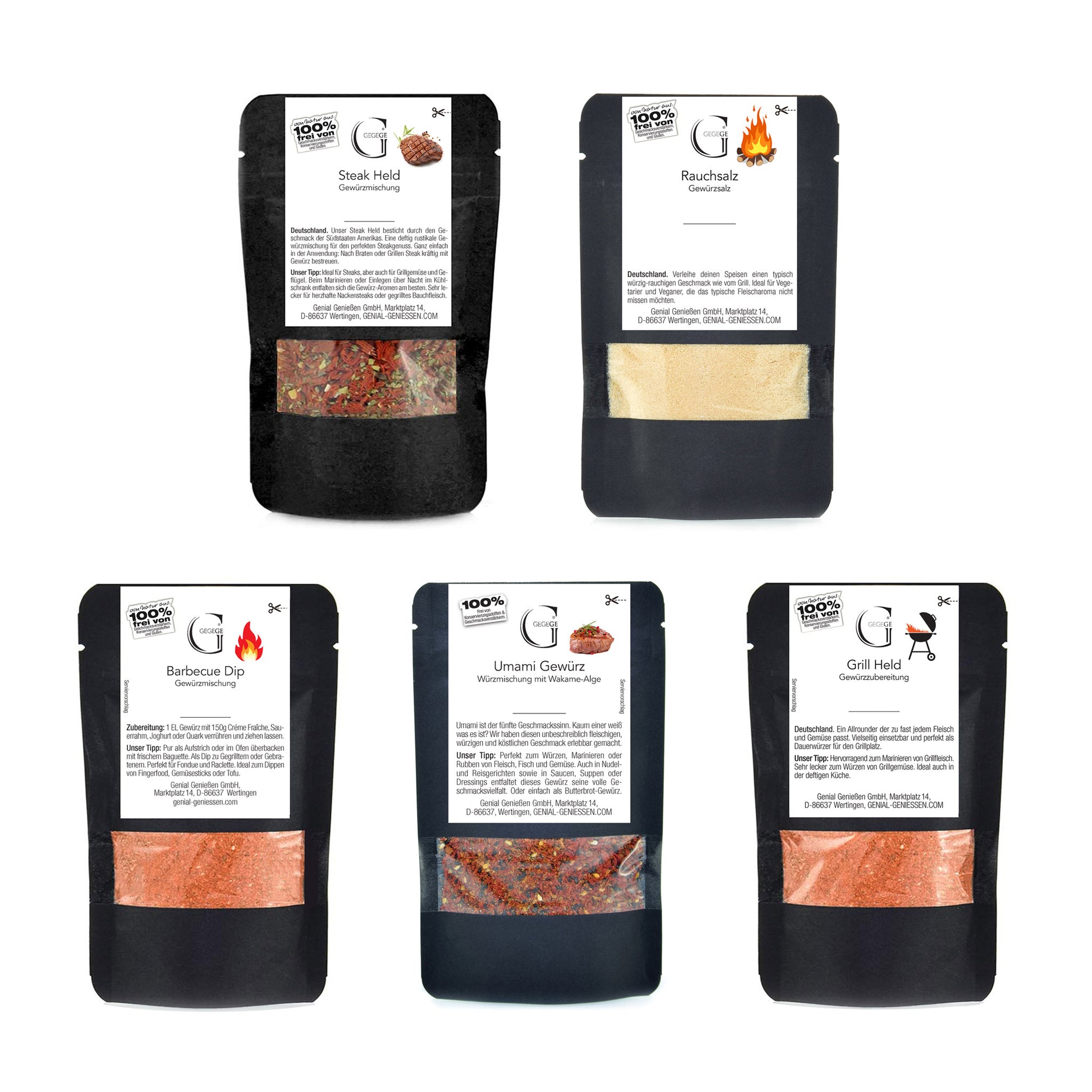 Grillgewürz Geschenkset von Genial Genießen mit fein abgestimmten Gewürzmischungen im edlen Geschenkkarton für unvergessliche Grillabende und kulinarischen Genuss.