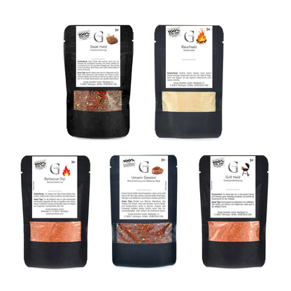 Grillgewürz Geschenkset von Genial Genießen mit fein abgestimmten Gewürzmischungen im edlen Geschenkkarton für unvergessliche Grillabende und kulinarischen Genuss.